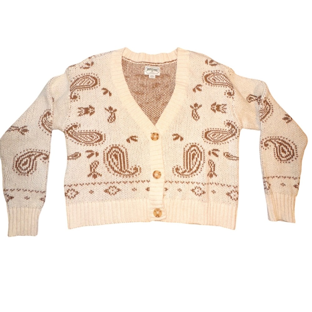 American Eagle Paisley Bandana Knit Cardigan Sweater Cream Brown Womens Medium - Picture 2 of 7